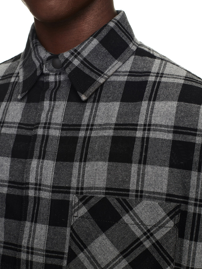 oversize fashionable casual loose fit printed plaid check black button long sleeve flannel shirts for men