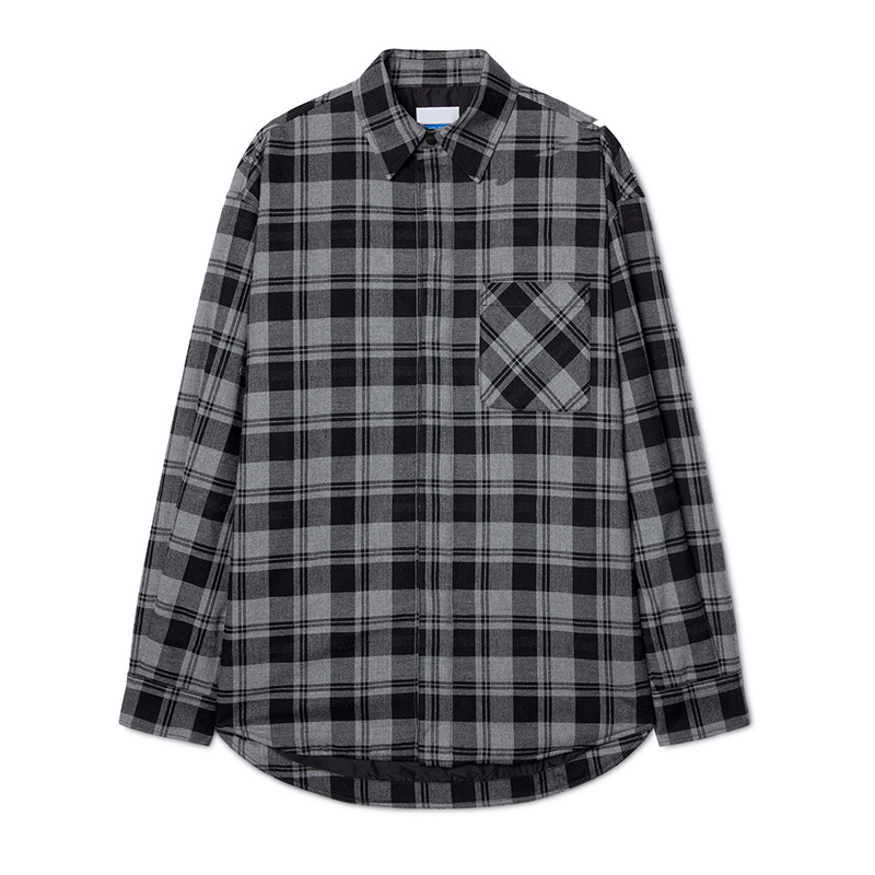 oversize fashionable casual loose fit printed plaid check black button long sleeve flannel shirts for men