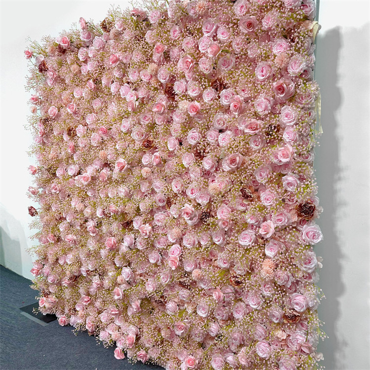 8ft x 8ft 3D Roll Up Pink Rose Flower Wall Backdrop Panel Artificial Silk Babysbreath Flower Wall Mat for Wedding Event Decor