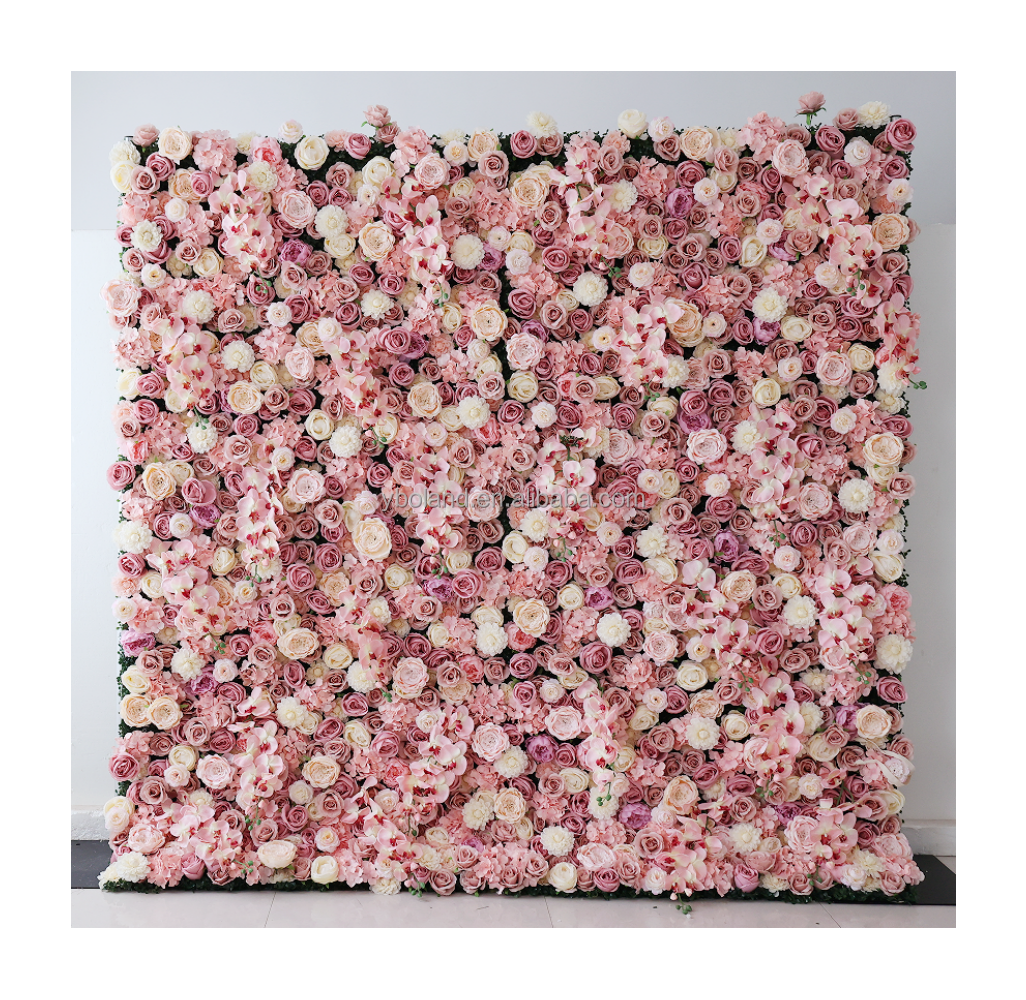 8ft x 8ft 3D Roll Up Pink Rose Flower Wall Backdrop Panel Artificial Silk Babysbreath Flower Wall Mat for Wedding Event Decor