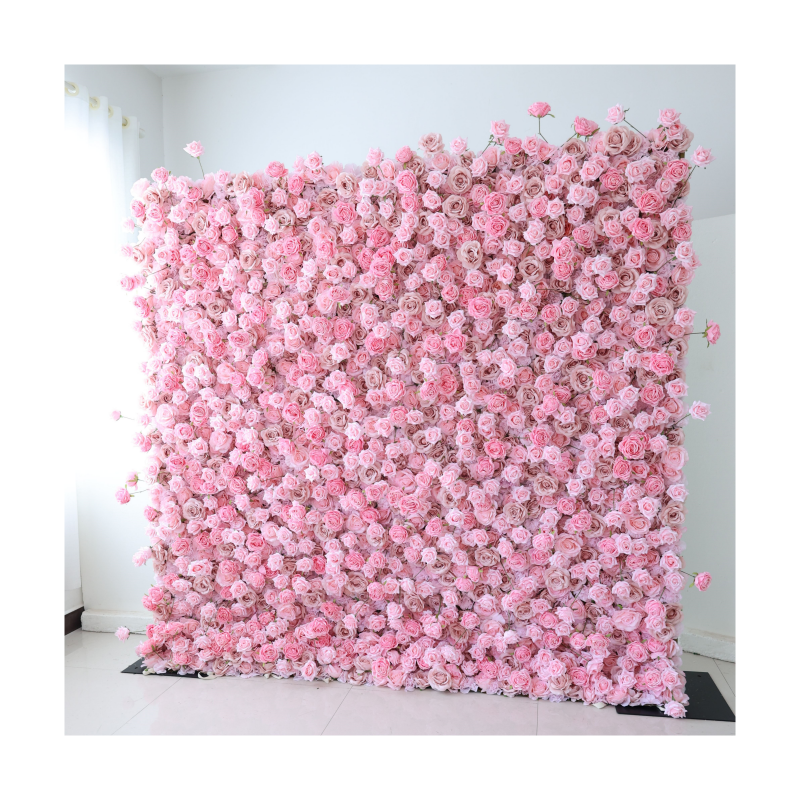 8ft x 8ft 3D Roll Up Pink Rose Flower Wall Backdrop Panel Artificial Silk Babysbreath Flower Wall Mat for Wedding Event Decor