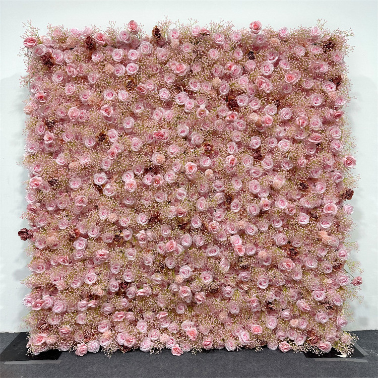 8ft x 8ft 3D Roll Up Pink Rose Flower Wall Backdrop Panel Artificial Silk Babysbreath Flower Wall Mat for Wedding Event Decor