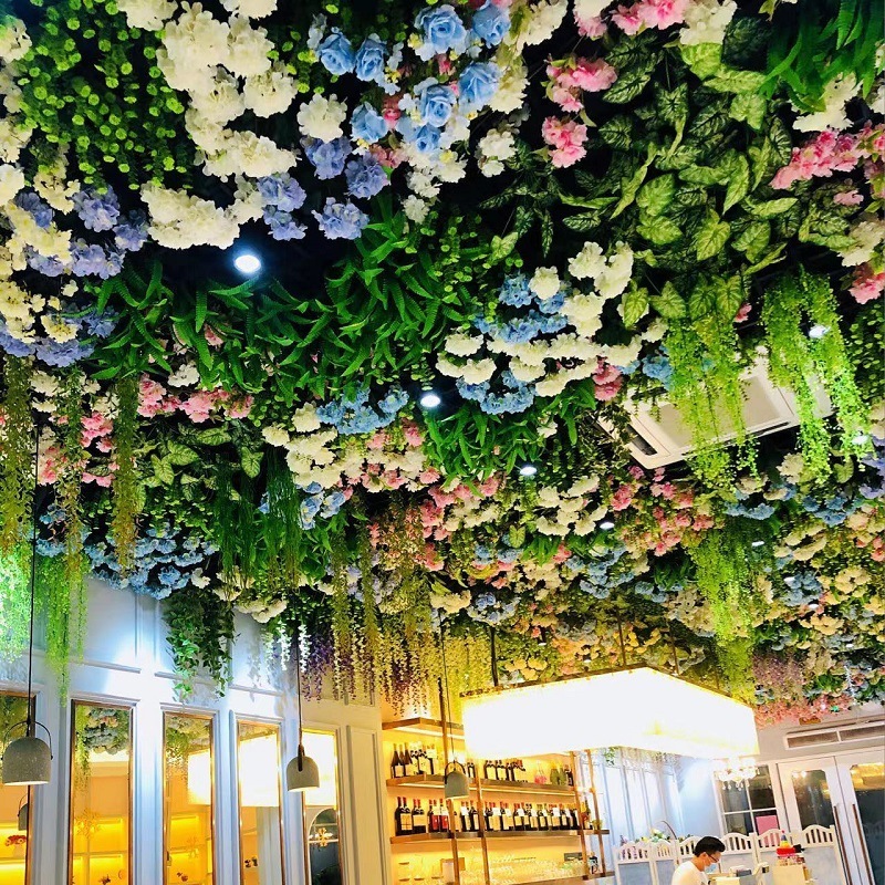 Restaurant Hall hanging ceiling decor Green Simulation Greenery leaf Fake Flower Vine Green Plant Wall artificial Plants