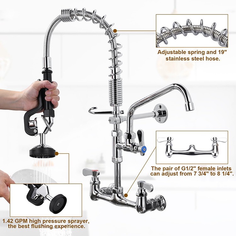 Commercial Faucet with Sprayer Kitchen Sink Faucet Spout and Pull Down Pre Rinse Sprayer Faucet