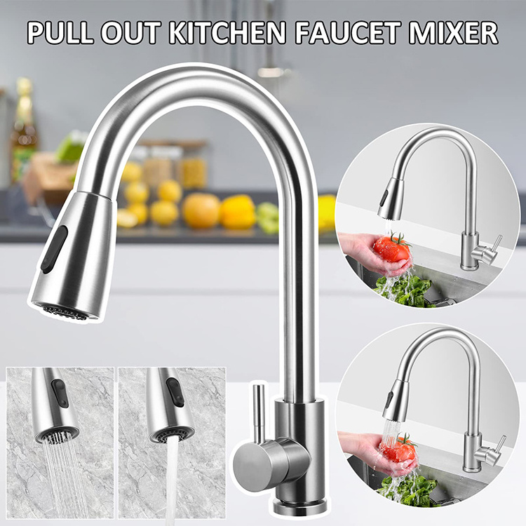 Modern Silver Black Stainless Steel Flexible Pull Out Down Kitchen Mixer Tap Sink Faucet