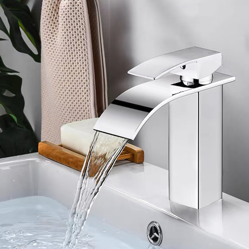 Bathroom Waterfall Basin Faucet Chrome Spout Bathroom Sink Faucet with Supply Hose Cold And Hot Water Tap