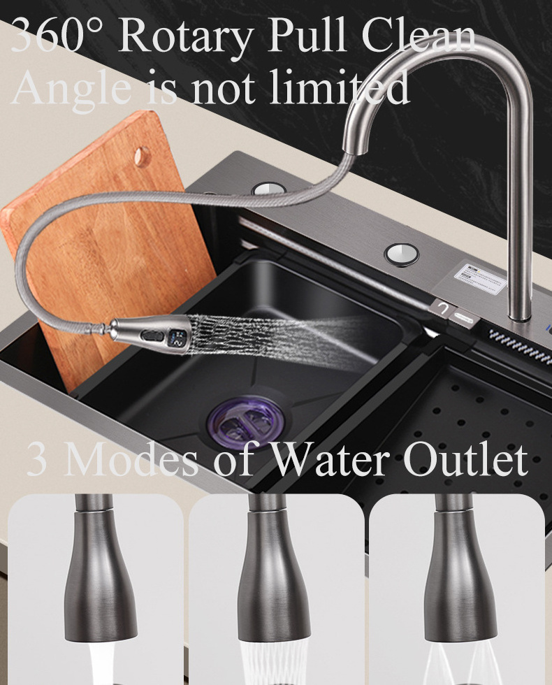 Kitchen Sink with Digital Display Faucet 75x46 Handmade Nano Black Smart 304 Stainless Steel Kitchen Sink