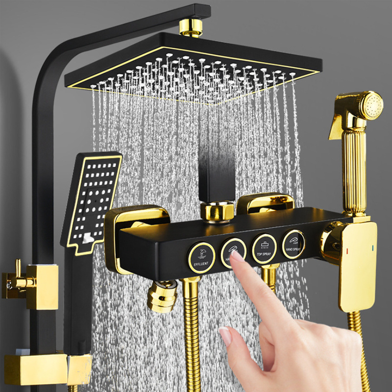 Bathroom Shower System Black Gold Mixer Faucet Hot Cold Bathroom Tap Thermostatic Shower Set