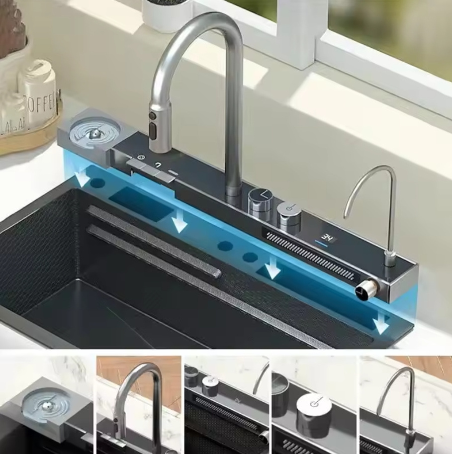 Luxury Kitchen Sinks 304 Stainless Steel Farmhouse Sink Rainfall Handmade Bowl Sink with Purify Faucet