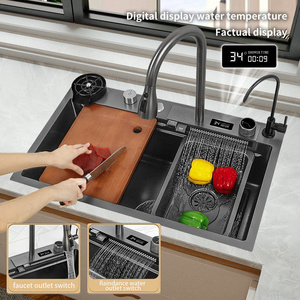 Kitchen Sink with Digital Display Faucet 75x46 Handmade Nano Black Smart 304 Stainless Steel Kitchen Sink