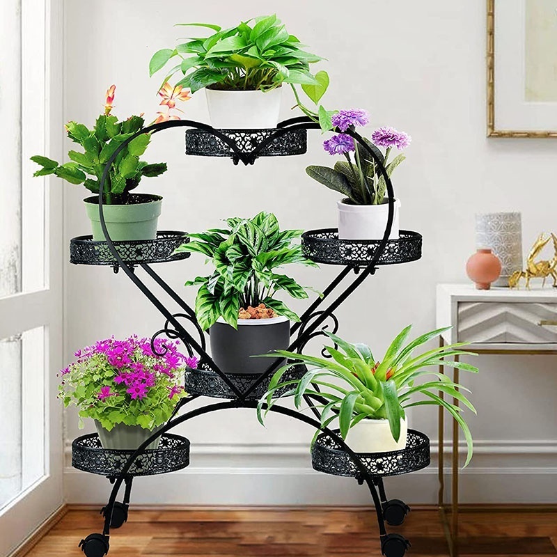 Black Outdoor Metal Plant Stand Rolling Flower Pot Stands Indoor Flower Pot Shelf 6 Tier Holders Flower Stands