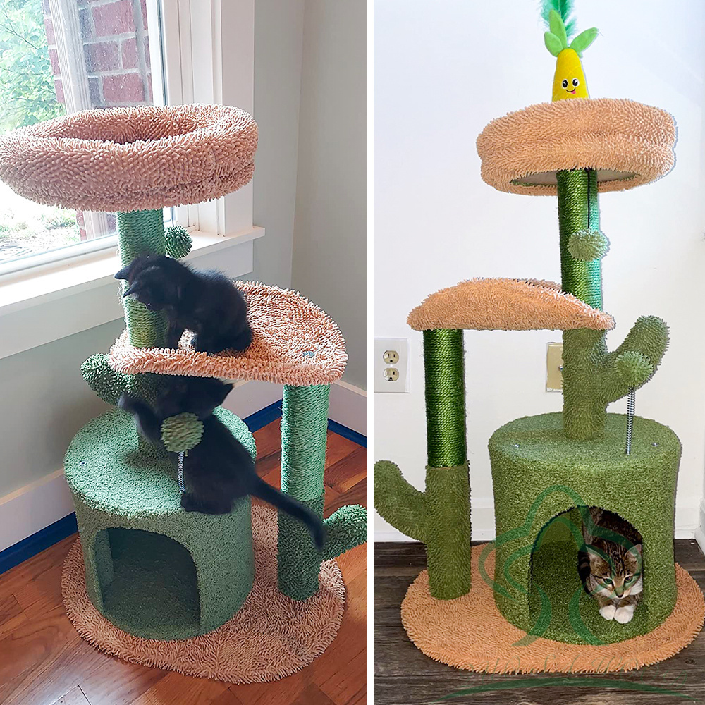 Cat Tree 32 Inches Cactus Cat Tower with Sisal Covered Scratching Post, Cozy Condo, Plush Perches and Fluffy Balls