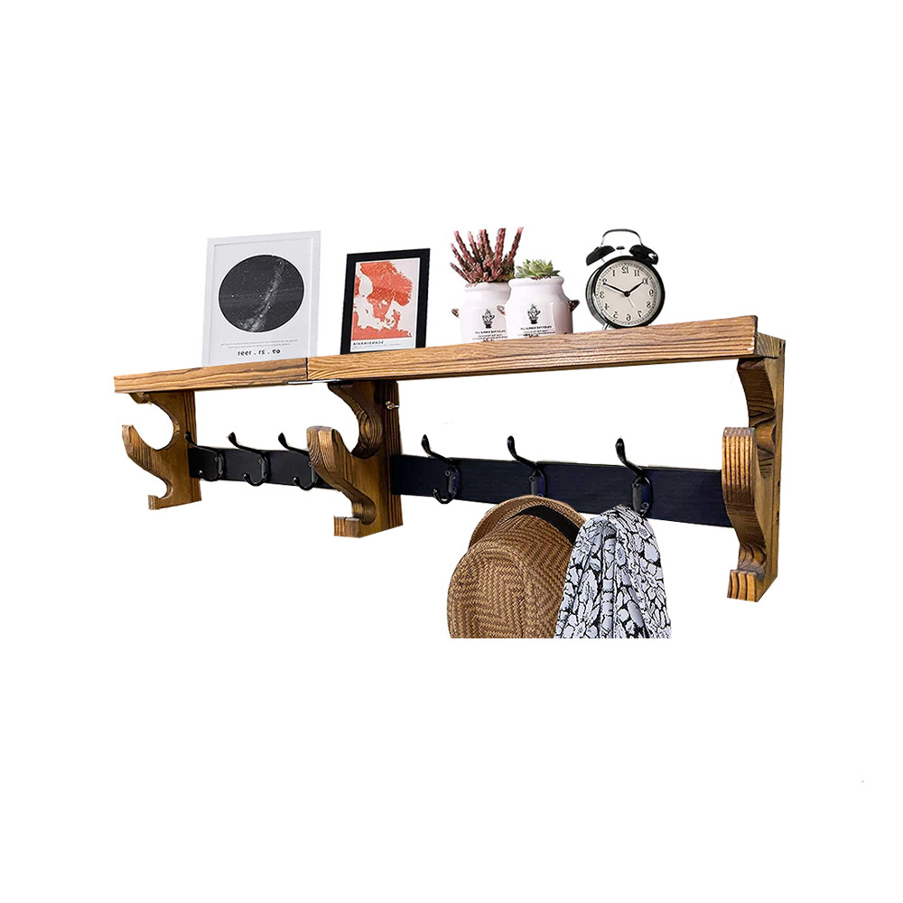 Coat Rack Wall Mount with Shelf, Brown Wall Hooks Rack Decorative Coat Hanger with 5 Metal Hooks for Hanging Coats,Towels, Cups