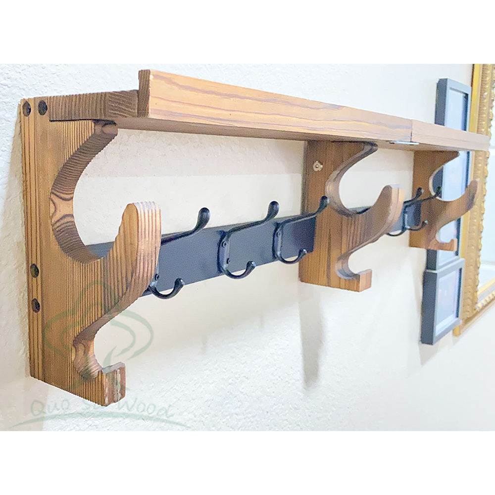 Coat Rack Wall Mount with Shelf, Brown Wall Hooks Rack Decorative Coat Hanger with 5 Metal Hooks for Hanging Coats,Towels, Cups