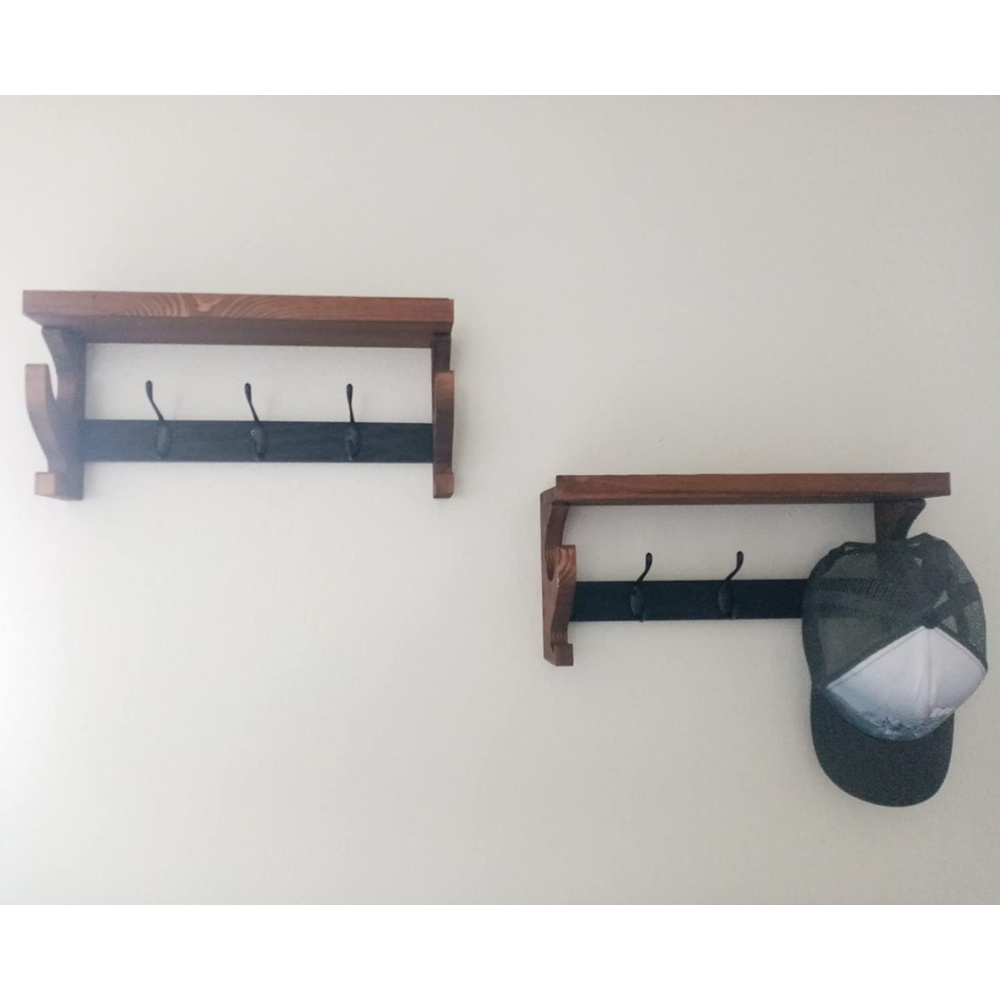 Coat Rack Wall Mount with Shelf, Brown Wall Hooks Rack Decorative Coat Hanger with 5 Metal Hooks for Hanging Coats,Towels, Cups