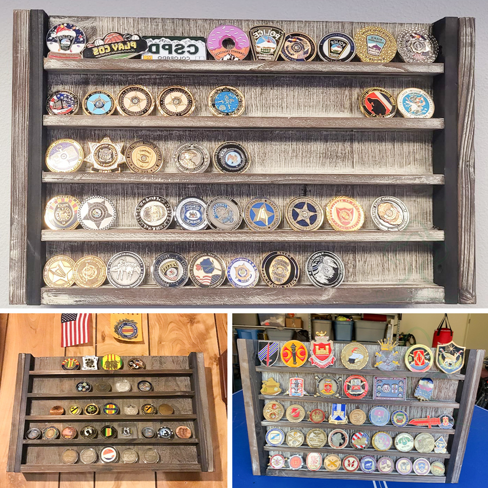 Rustic Wood Wall Mount Challenge Coin Display Rack 5 Tier Military Coins Holder Memorial Badge Storage Coin Collectors Shelf