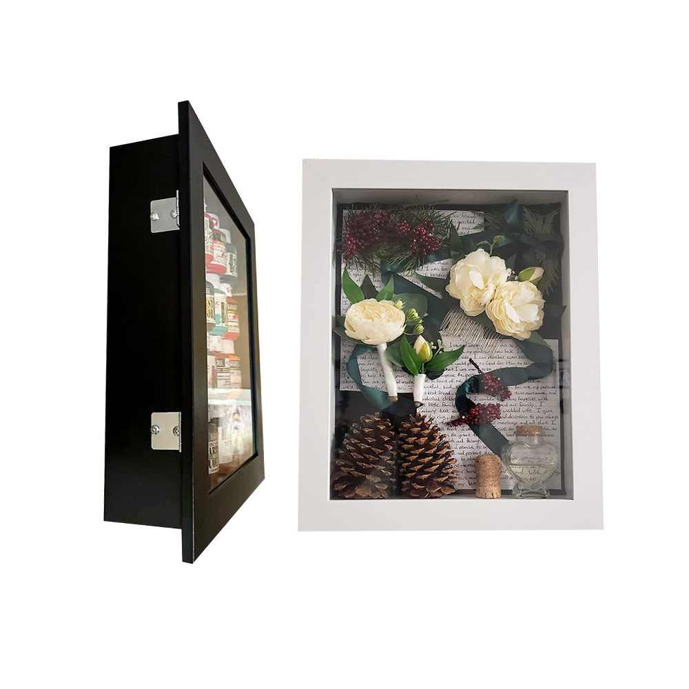 Wall Mount Wood Shadow Box Frame Glass Door Display Case Wall Display Wedding Memory Box