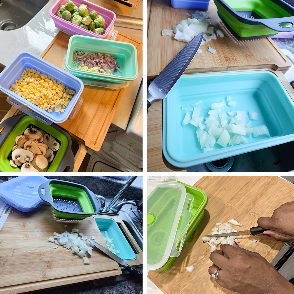 Expandable Bamboo Cutting Board With Containers,Meal Prep deck For Food,Over The Sink Cutting Board For Kitchen