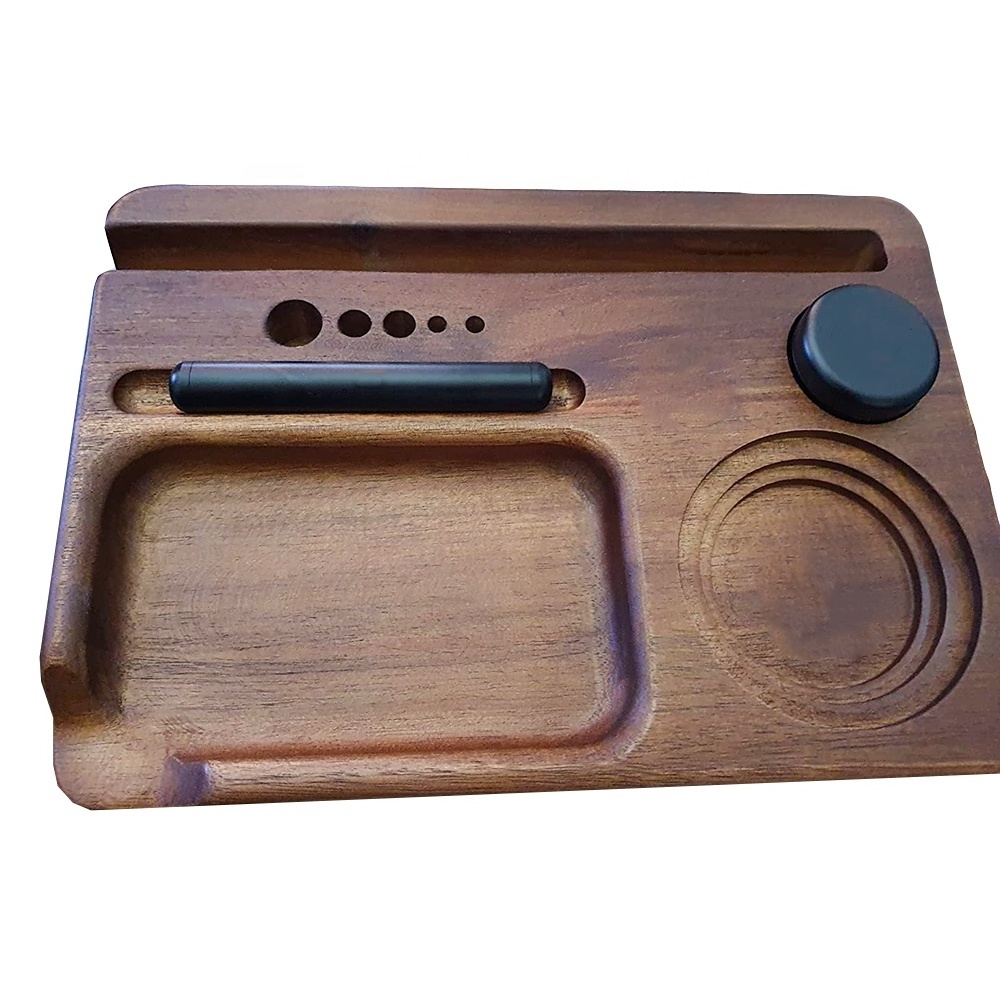 Solid Wood Tobacco Rolling Tray Multi Wood Cigar Tray Wood Stash Rolling Tray with Tablet and Mobile Stand