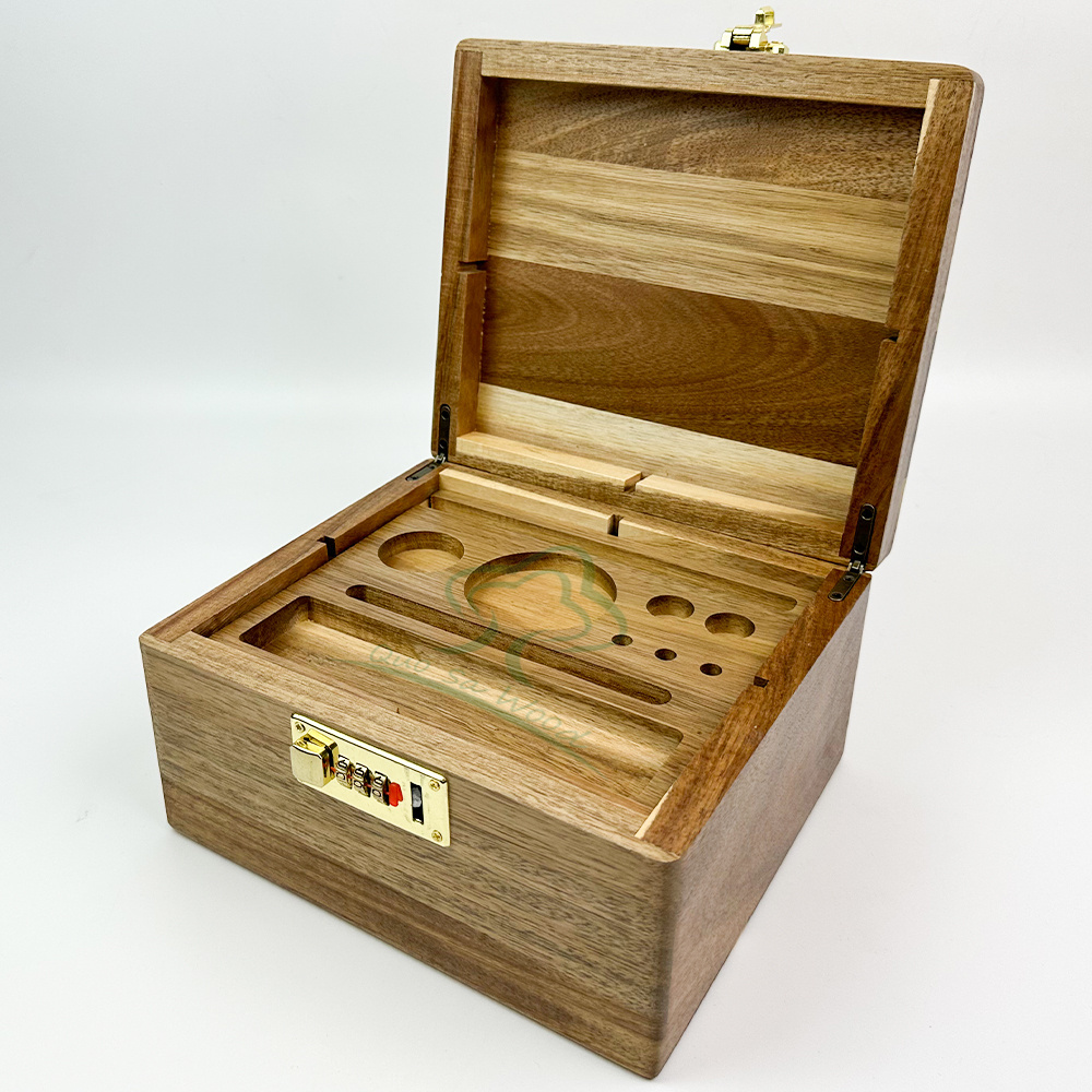 Custom Smoking Accessories Wooden Rolling Tray Smell Proof Storage Herb Tobacco Wood Stash Box with Combination Lock Combo Kit