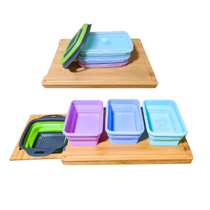 Expandable Bamboo Cutting Board With Containers,Meal Prep deck For Food,Over The Sink Cutting Board For Kitchen