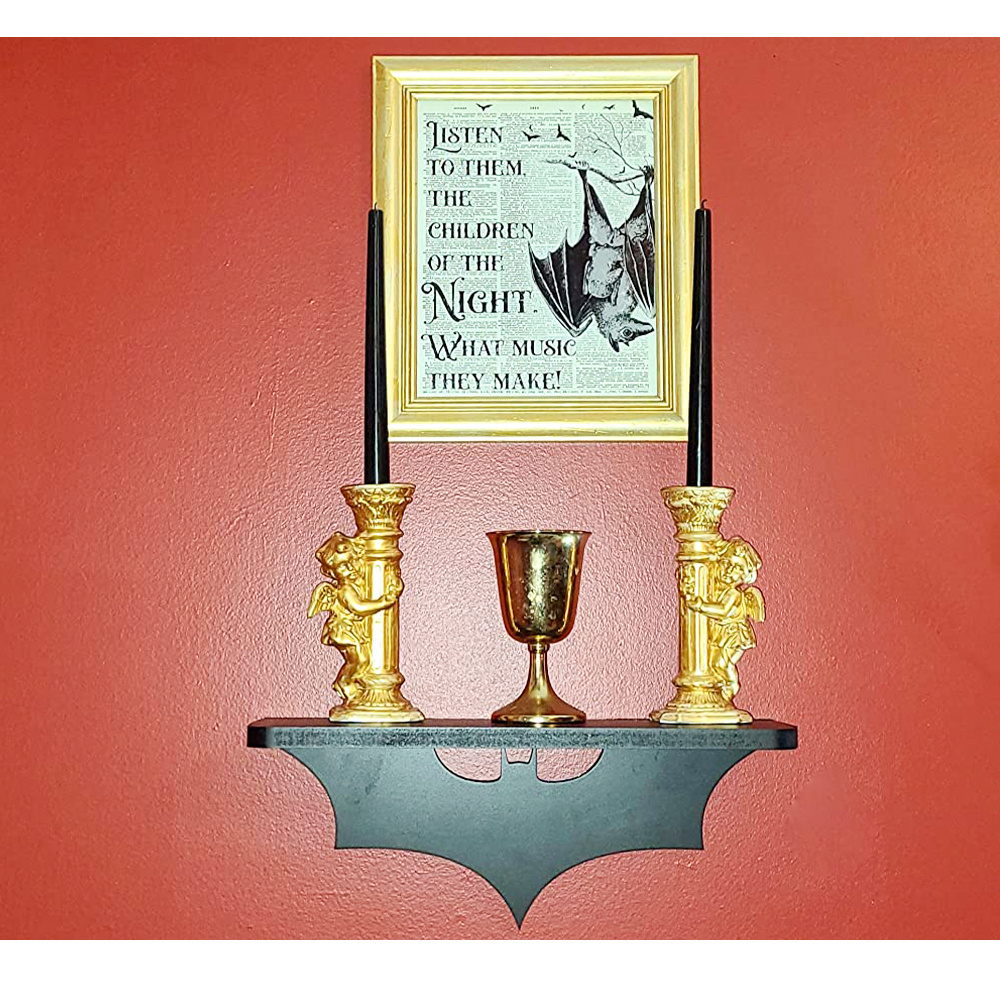 Bat Shelf Gothic Home Decor - Unique Wiccan Decor Black Wall Shelf Wooden Floating Crystal Shelf Display for Stones