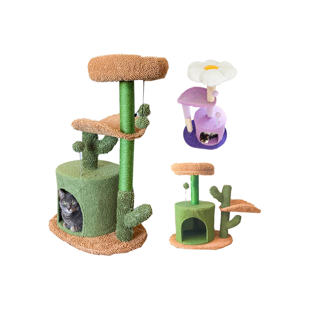 Cat Tree 32 Inches Cactus Cat Tower with Sisal Covered Scratching Post, Cozy Condo, Plush Perches and Fluffy Balls