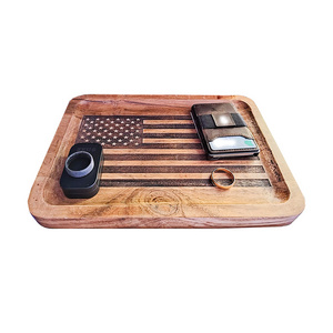 Vintage Acacia Wood American Flag Valet Tray Catch All Tray Decorative Wooden Artware Home Decor Nightstand Tray