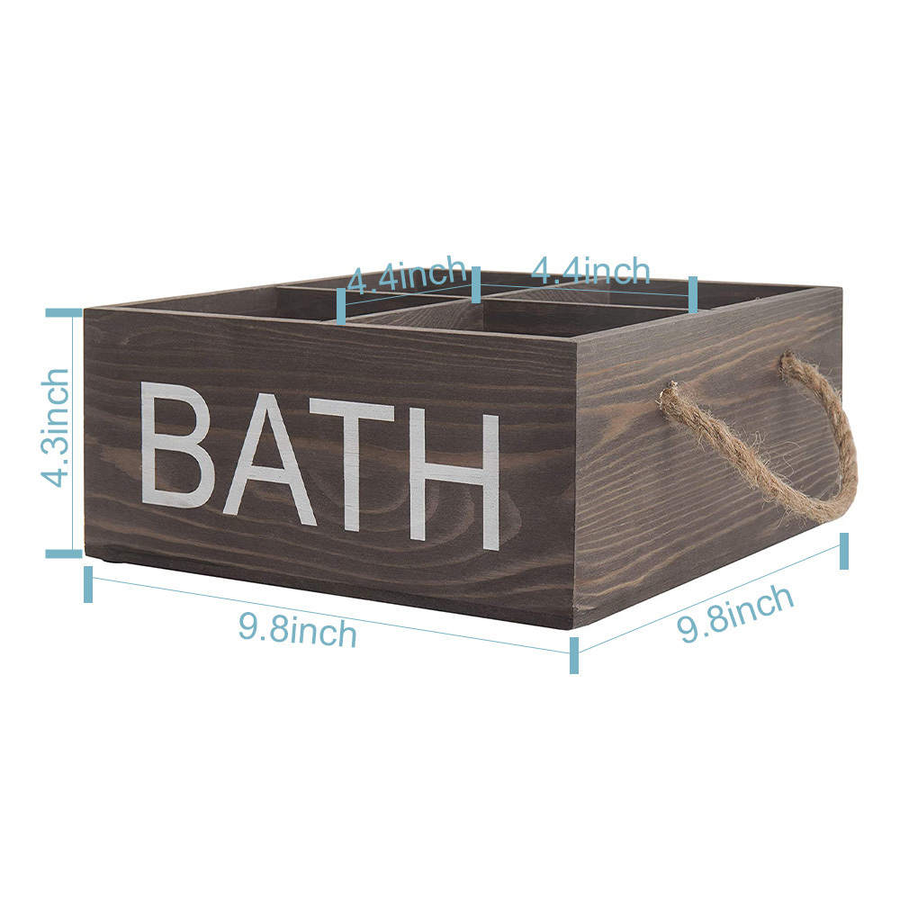 Bathroom Decor Box 4-Compartment Rustic Wood Bath Storage Caddy with Rope Handles