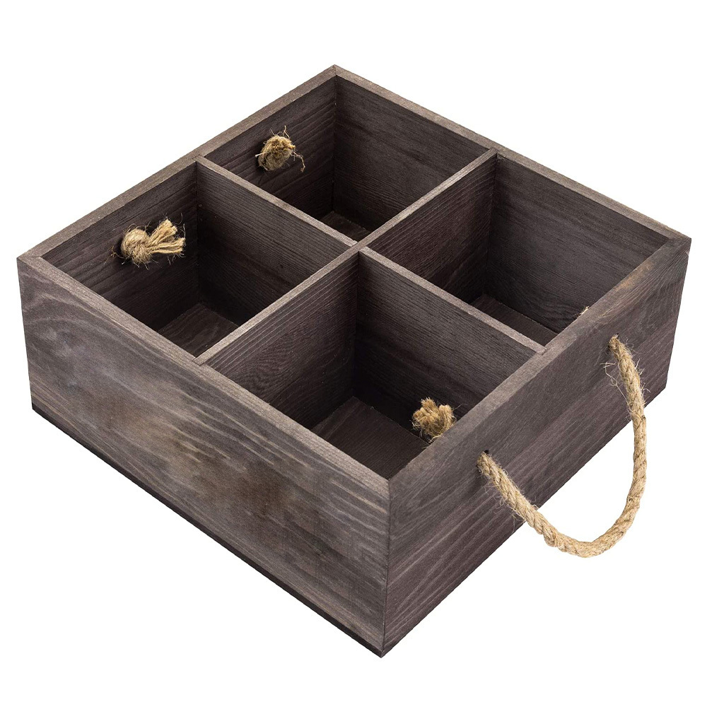 Bathroom Decor Box 4-Compartment Rustic Wood Bath Storage Caddy with Rope Handles