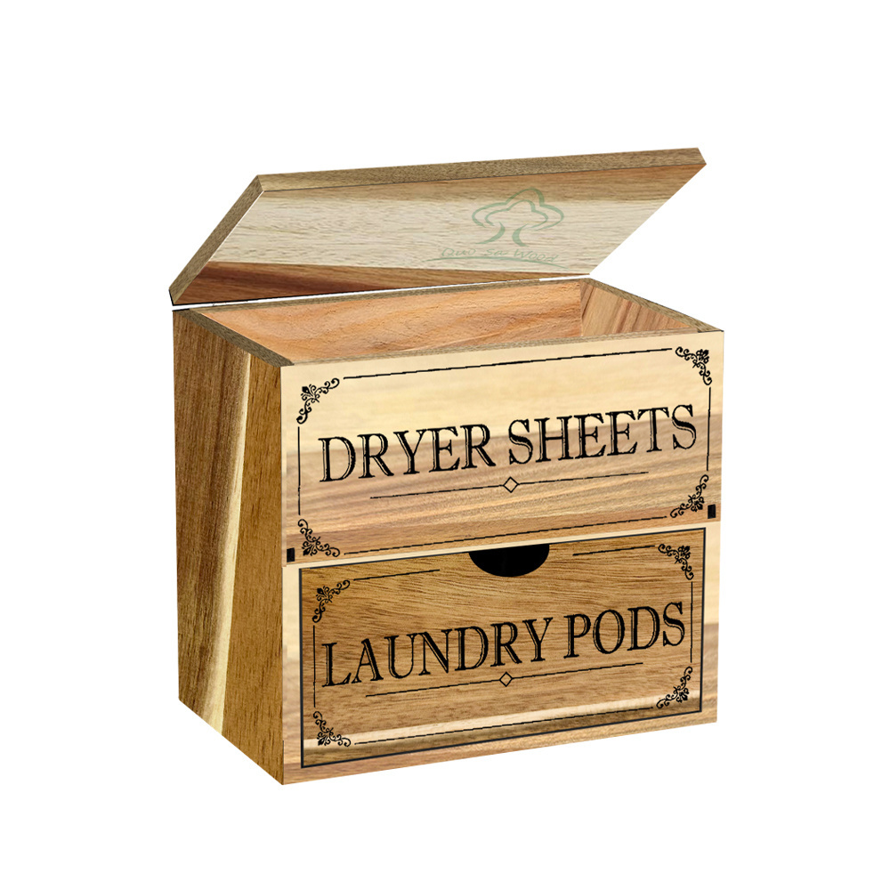 Rustic Wooden Dryer Sheet Dispenser and Laundry Pods Container with Lid and Drawer,Laundry Storage Box Dryer Sheet Holder