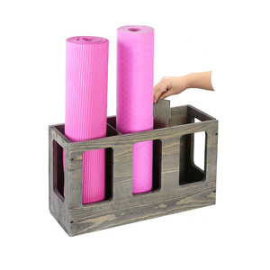 Wall Mounted Vintage Gray Solid Wood Yoga Mat Holder Fitness Gym Foam Roller Storage Organizer