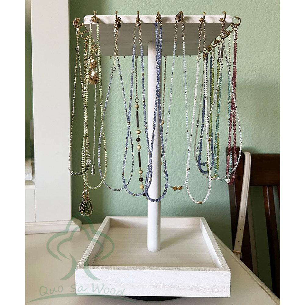 Rotating Necklace Holder Jewelry Stand Wooden Rotating Jewelry Organizer, Jewelry Display Tower for Necklace & Bracelet