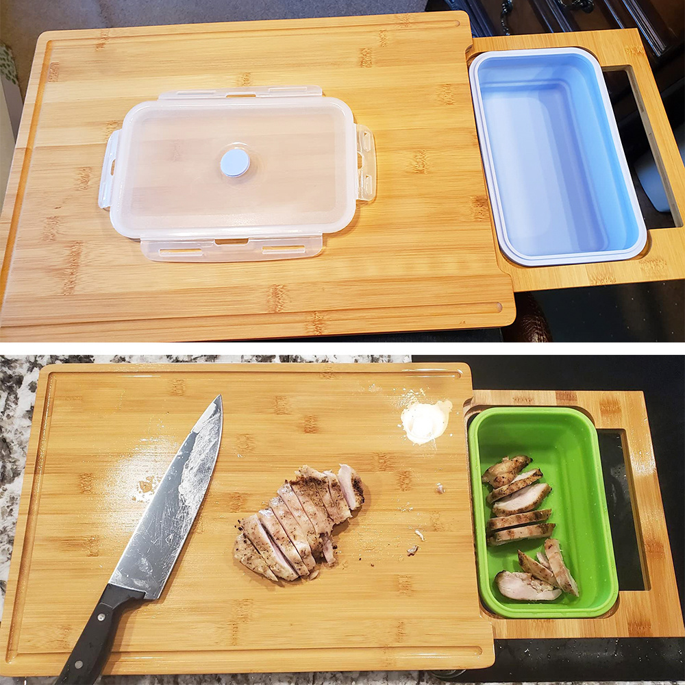 Expandable Bamboo Cutting Board With Containers,Meal Prep deck For Food,Over The Sink Cutting Board For Kitchen