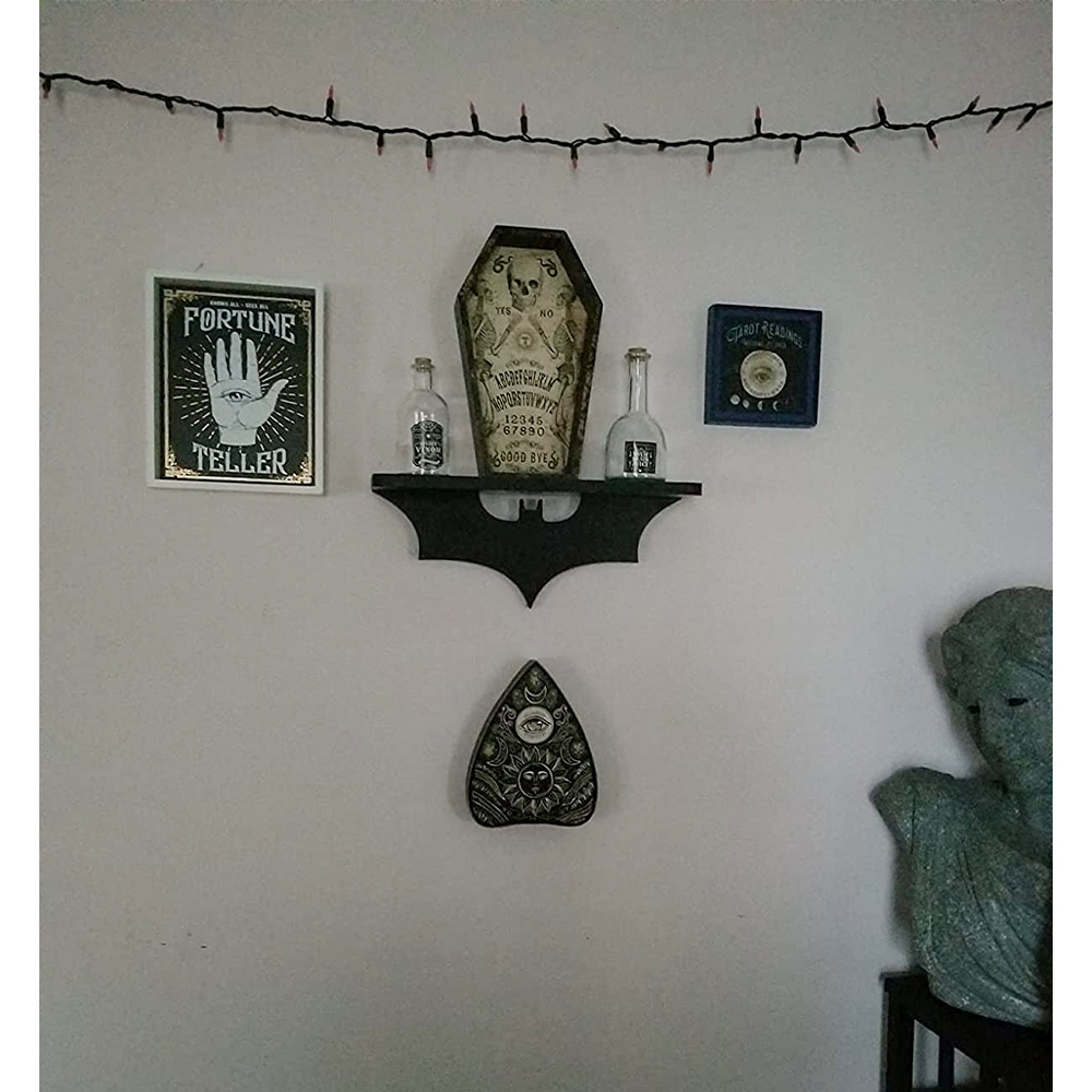 Bat Shelf Gothic Home Decor - Unique Wiccan Decor Black Wall Shelf Wooden Floating Crystal Shelf Display for Stones