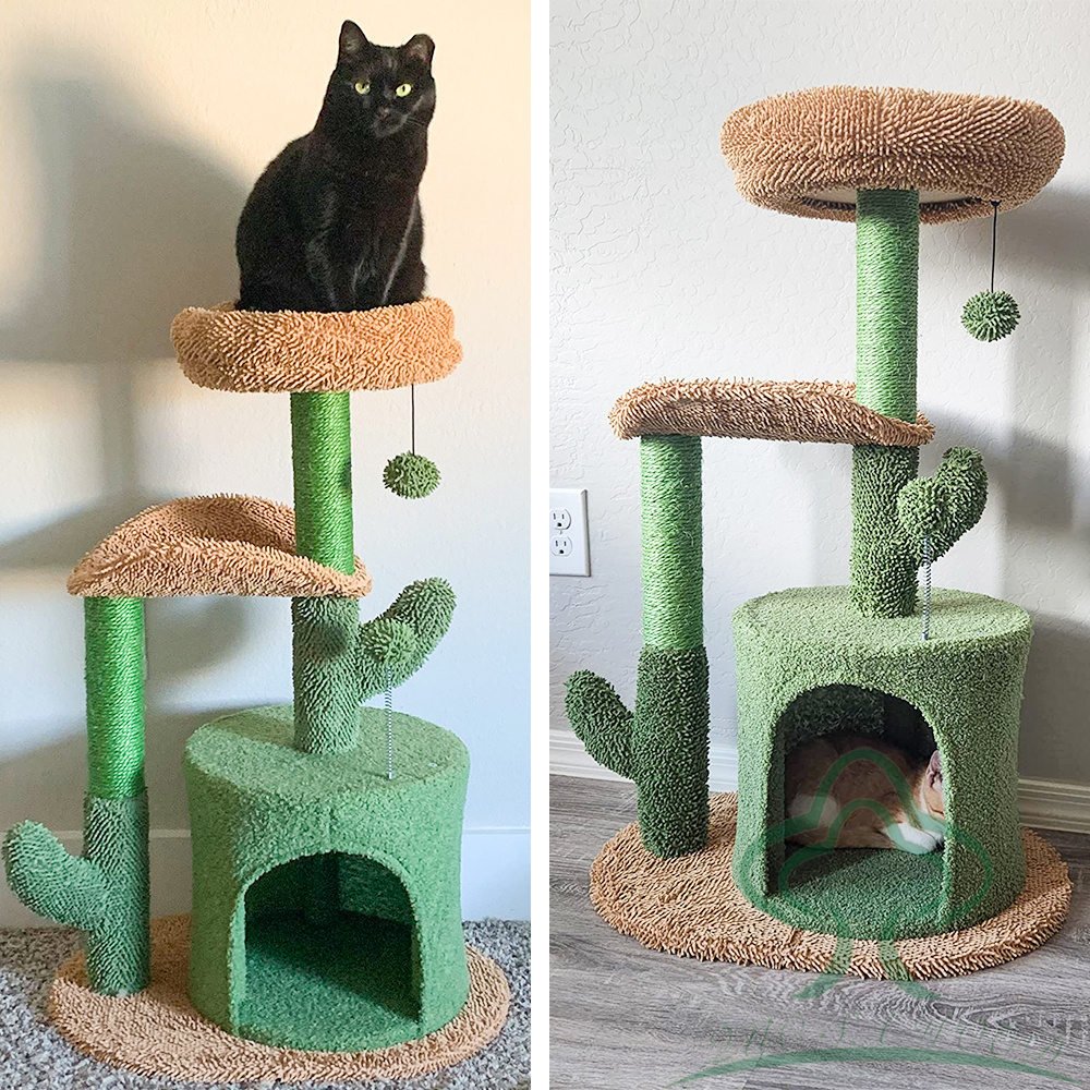 Cat Tree 32 Inches Cactus Cat Tower with Sisal Covered Scratching Post, Cozy Condo, Plush Perches and Fluffy Balls