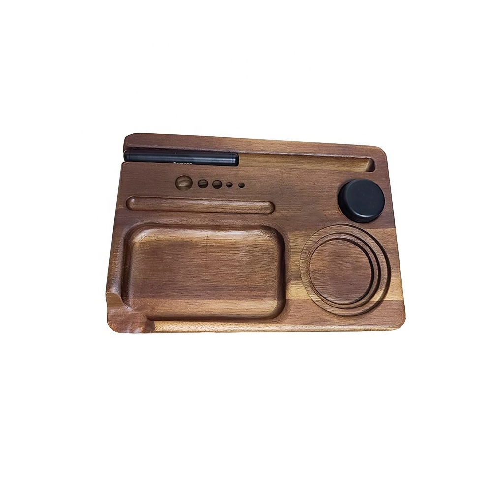 Solid Wood Tobacco Rolling Tray Multi Wood Cigar Tray Wood Stash Rolling Tray with Tablet and Mobile Stand