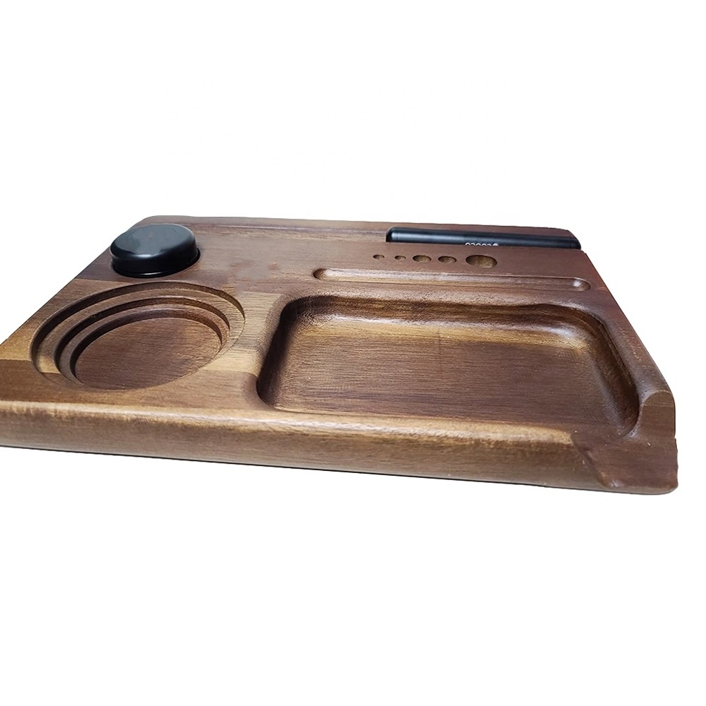 Solid Wood Tobacco Rolling Tray Multi Wood Cigar Tray Wood Stash Rolling Tray with Tablet and Mobile Stand