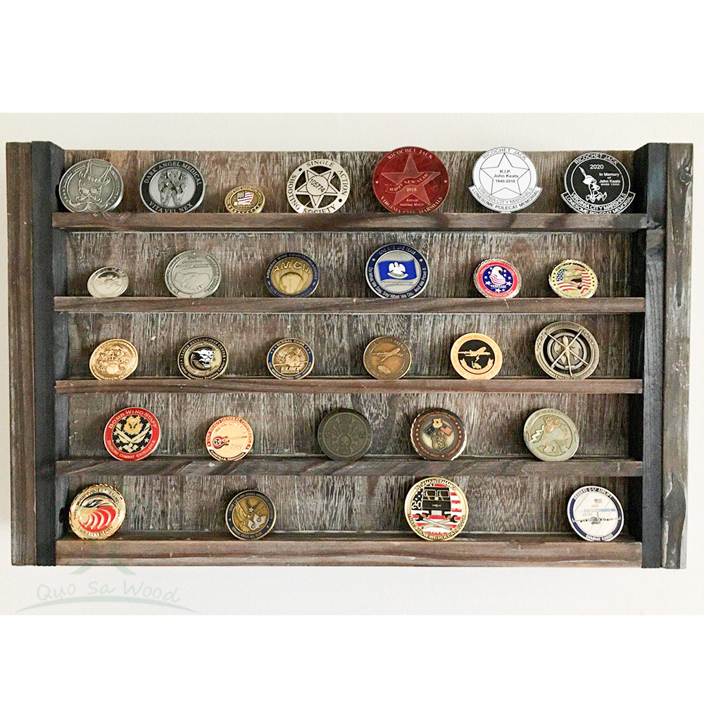 Rustic Wood Wall Mount Challenge Coin Display Rack 5 Tier Military Coins Holder Memorial Badge Storage Coin Collectors Shelf