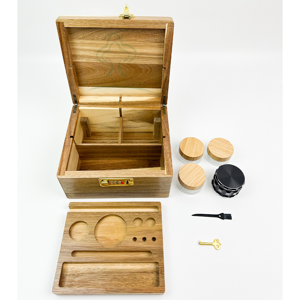 Custom Smoking Accessories Wooden Rolling Tray Smell Proof Storage Herb Tobacco Wood Stash Box with Combination Lock Combo Kit