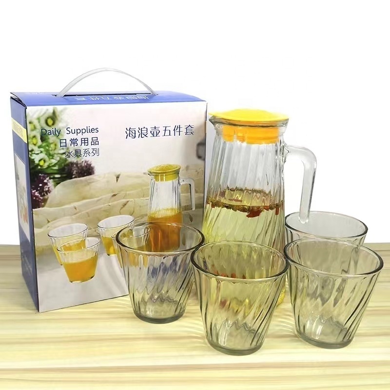 hot selling 5pcs set waves cold water jug glass water fixtures with lid juice drinkware set business gift kettle kit