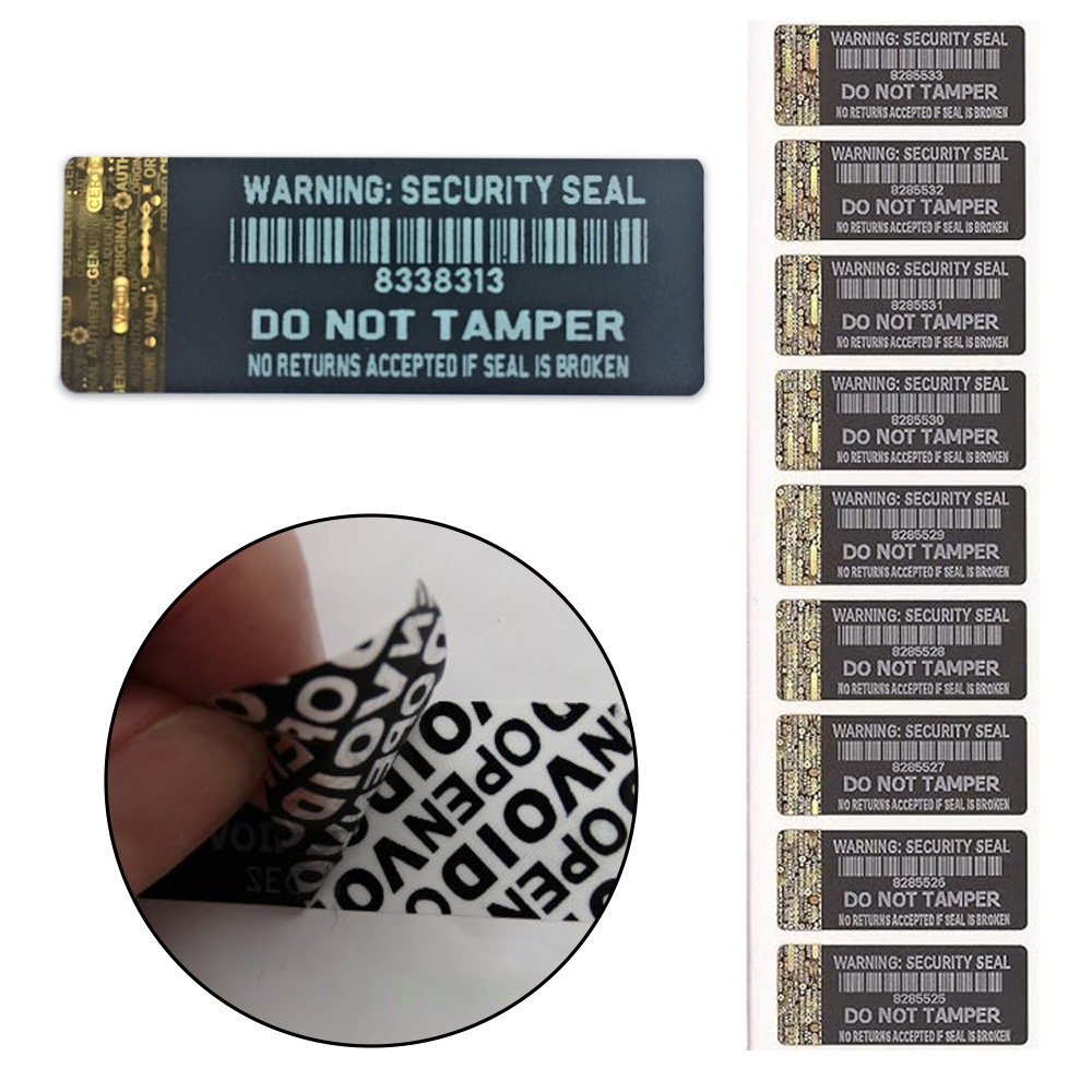 Warning Security Seal Black Tamper Evident Security Labels Sticker With Gold Hologram Strip To Short Edge Each