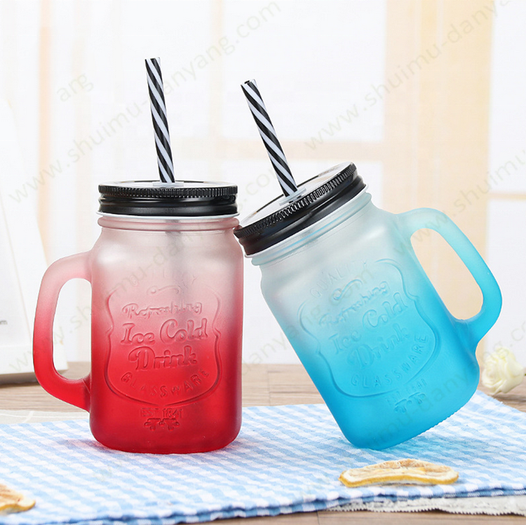 Empty manufacturer 16oz colorful empty drinking ice cold drink glass mason jar with lid handle