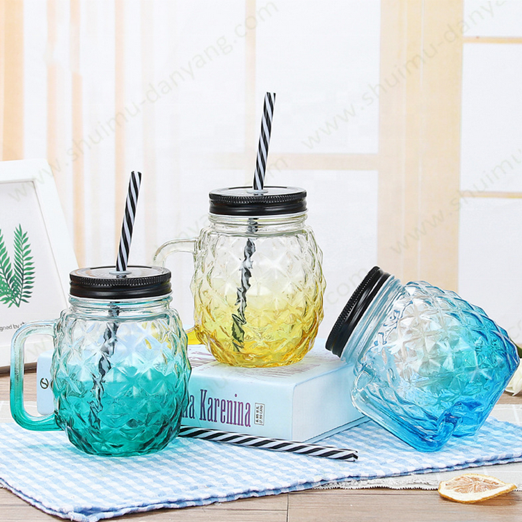 Empty manufacturer 16oz colorful empty drinking ice cold drink glass mason jar with lid handle