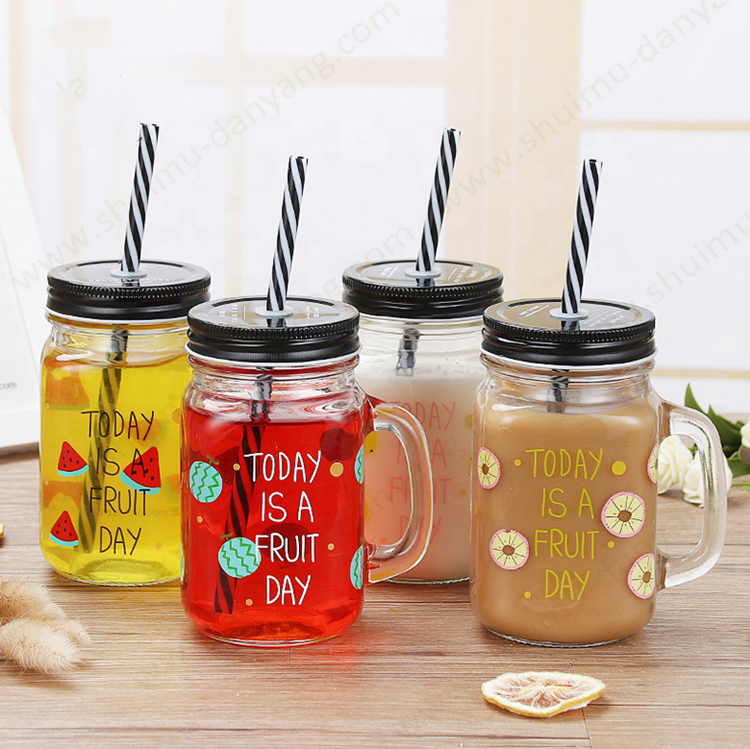 Empty manufacturer 16oz colorful empty drinking ice cold drink glass mason jar with lid handle