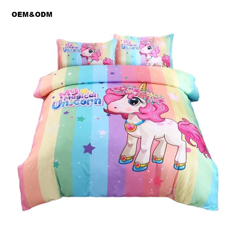 Modern Cartoon Unicorn Print Bedding Sets for Kids 200TC Plain Dye Solid Pattern Designs