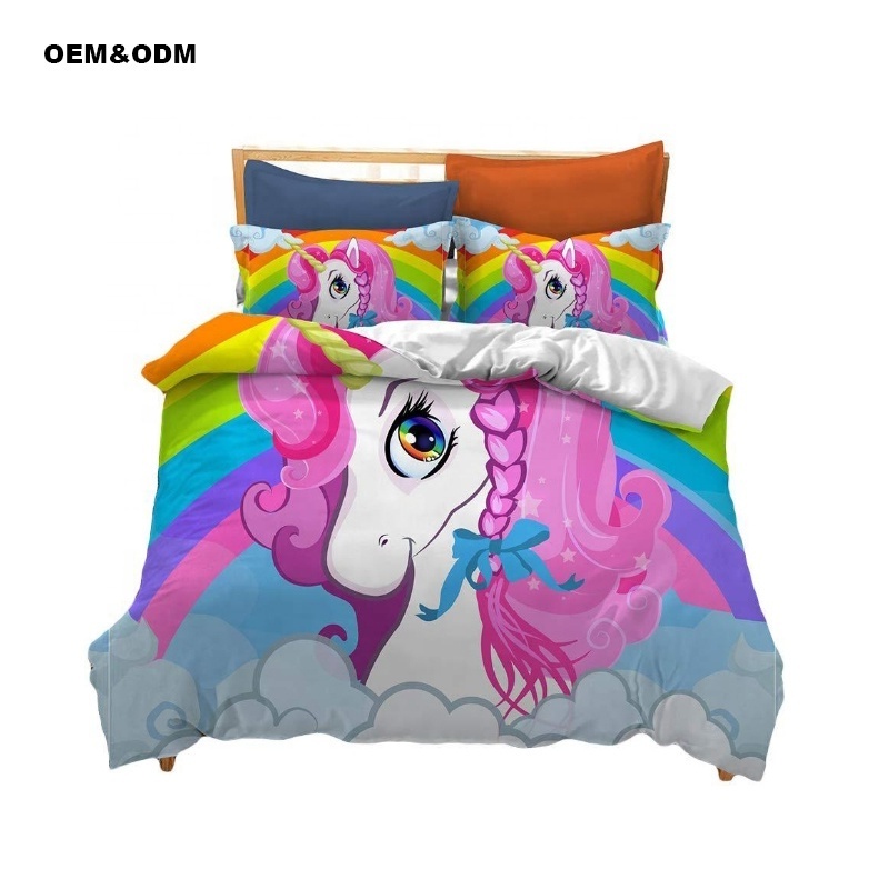 Modern Cartoon Unicorn Print Bedding Sets for Kids 200TC Plain Dye Solid Pattern Designs