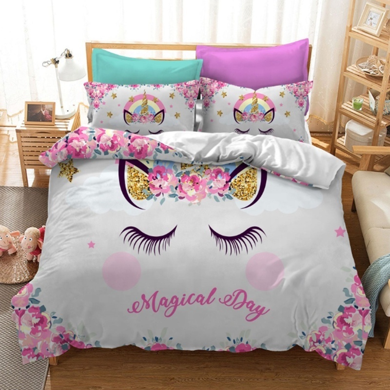 Modern Cartoon Unicorn Print Bedding Sets for Kids 200TC Plain Dye Solid Pattern Designs