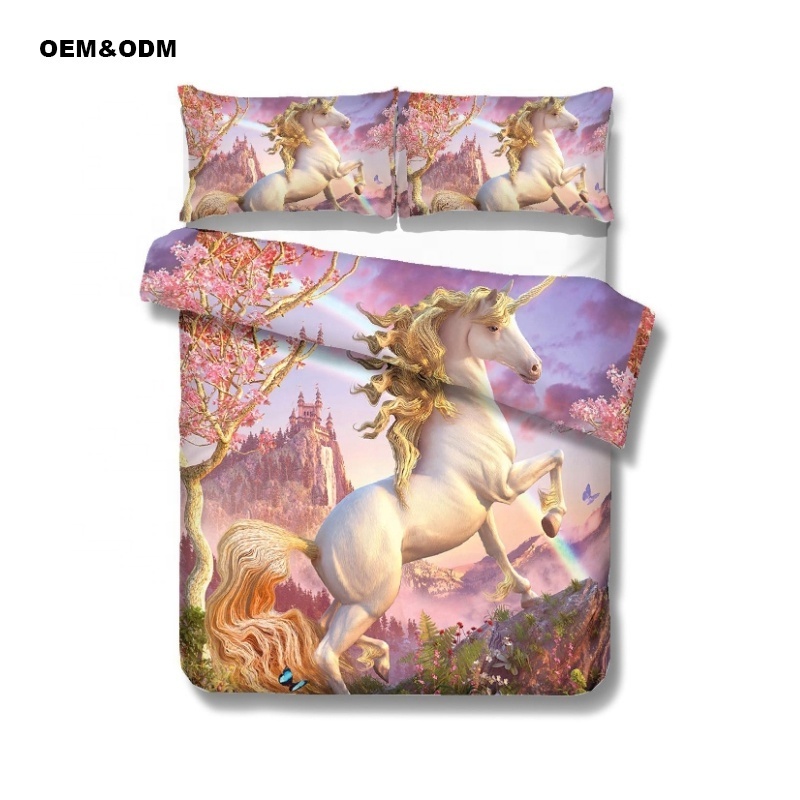 Modern Cartoon Unicorn Print Bedding Sets for Kids 200TC Plain Dye Solid Pattern Designs