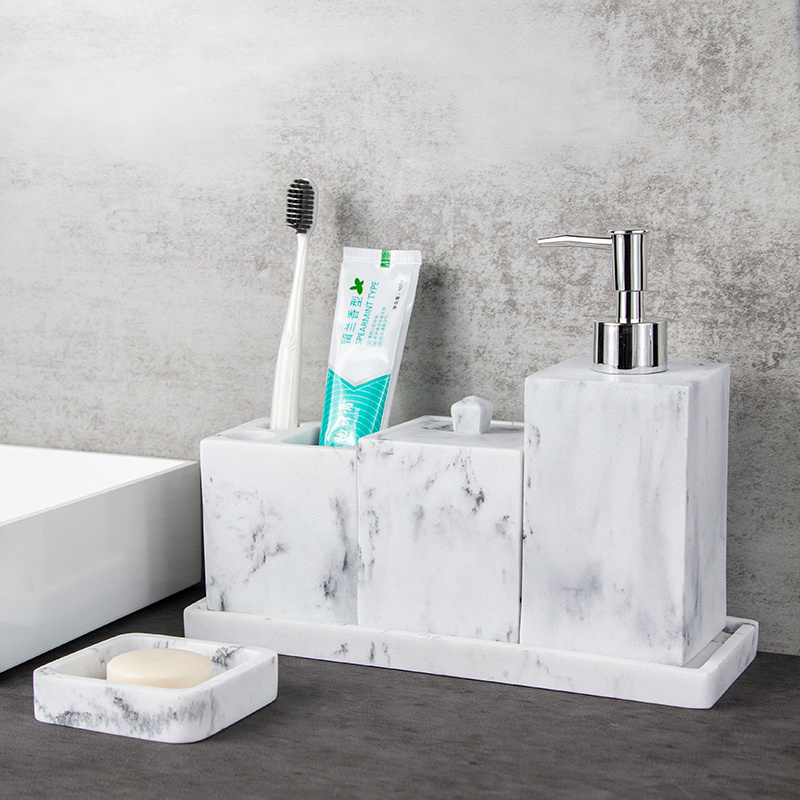 Custom modern polyresin marble luxury soap dispenser tray set for home hotel bathroom